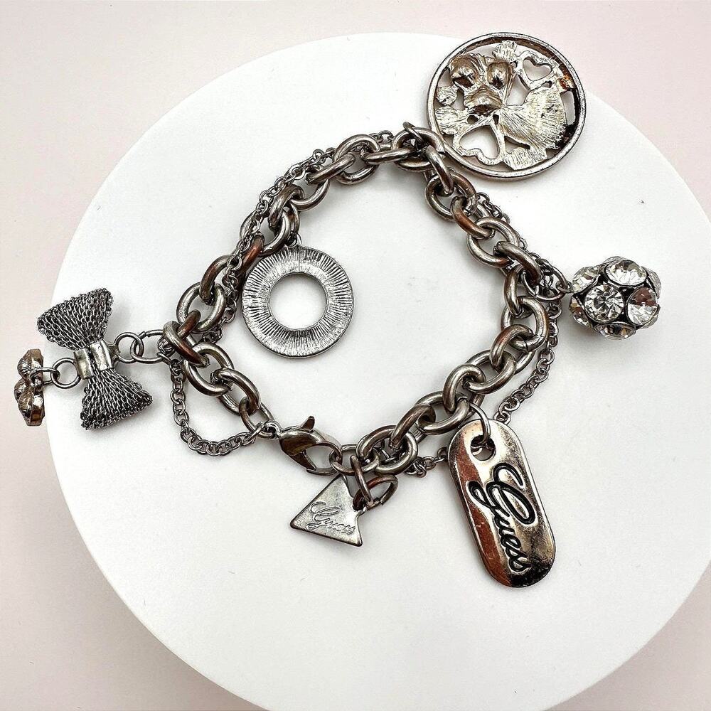 Vintage Y2K Guess Silvertone Bracelet Multi-Charm Statement Boho Fashion Jewelry